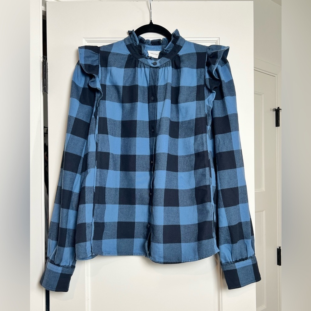 Aritzia Wilfred Free Plaid Ruffle Blue Button Down Top (M) - Picture 3 of 4